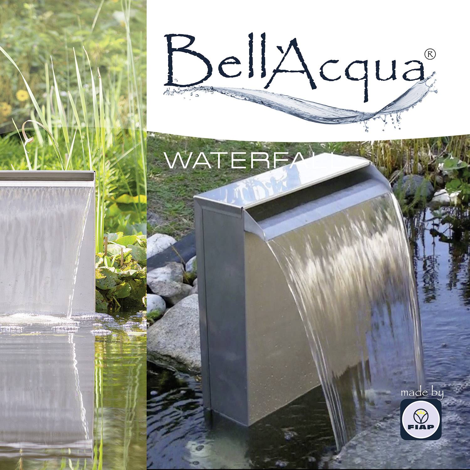 Egy modern rozsdamentes acél vízesés egy kertben, nádak és kövek mellett, a 'BellAcqua Waterfall' felirattal.