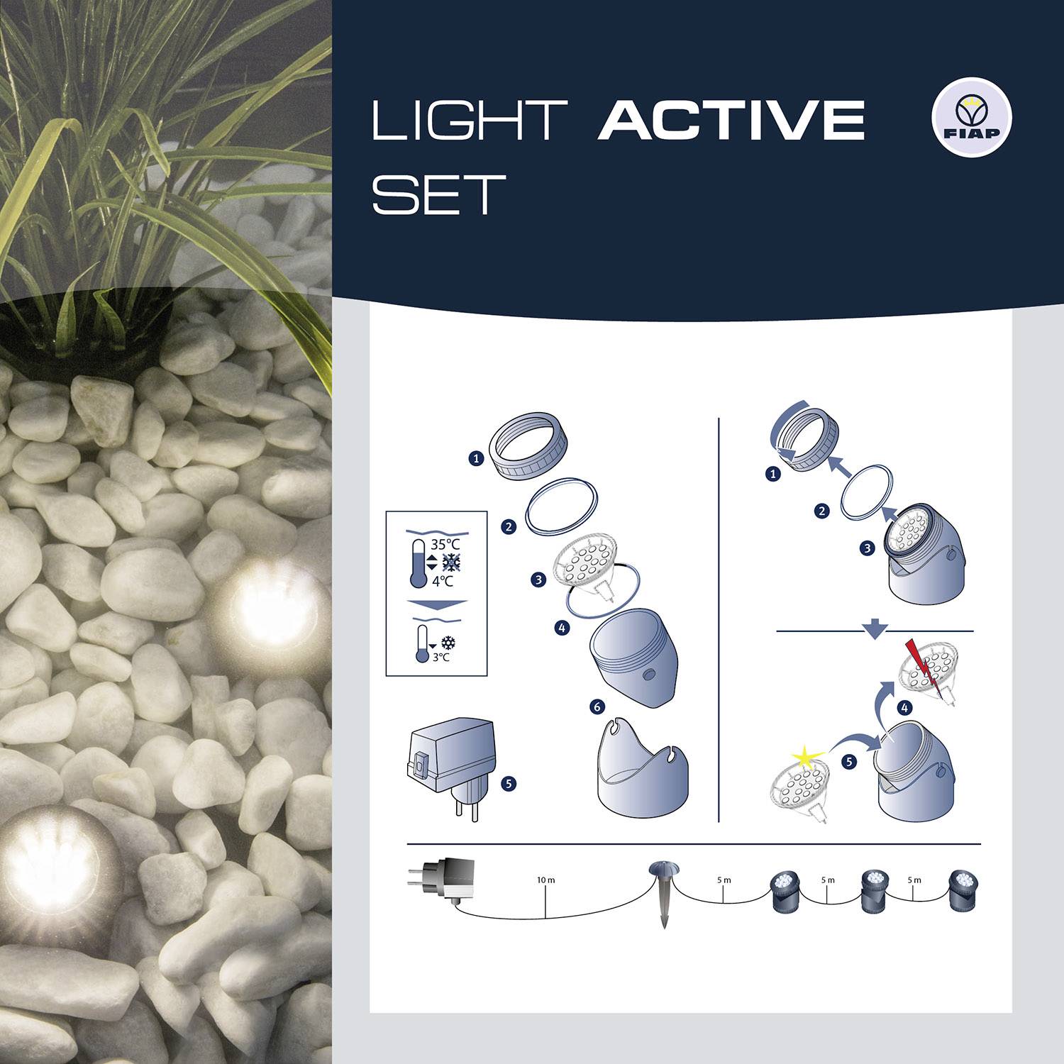 'LIGHT ACTIVE SET' Útmutató a kültéri világítás telepítéséhez kőburkolatú felületen, grafikus illusztrációkkal és szimbólumokkal jelzett lépésekről.