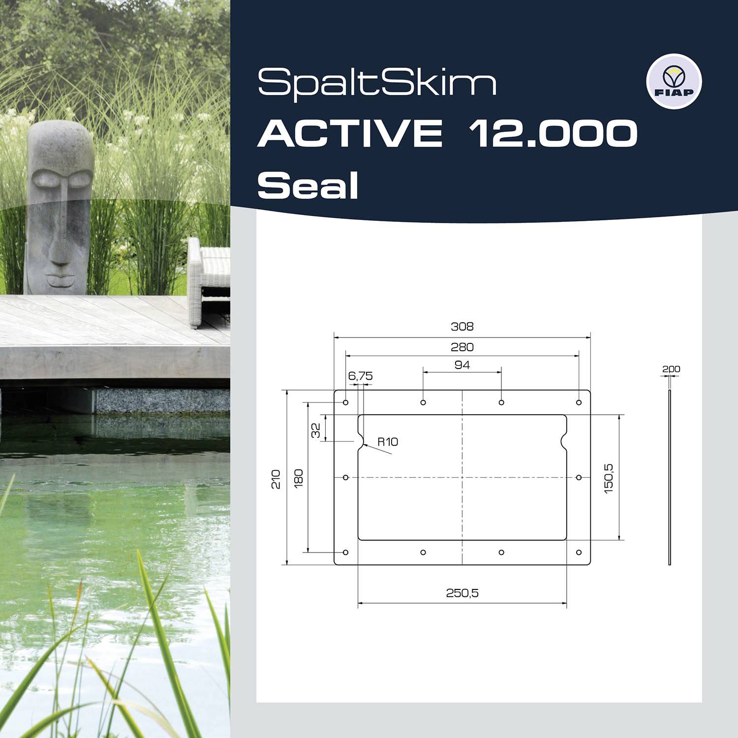 'SpaltSkim ACTIVE 12.000 Seal' termékkép műszaki diagrammal és méretekkel. Modern szabadtéri környezet vízzel, mellvédekkel és szobrokkal a háttérben.