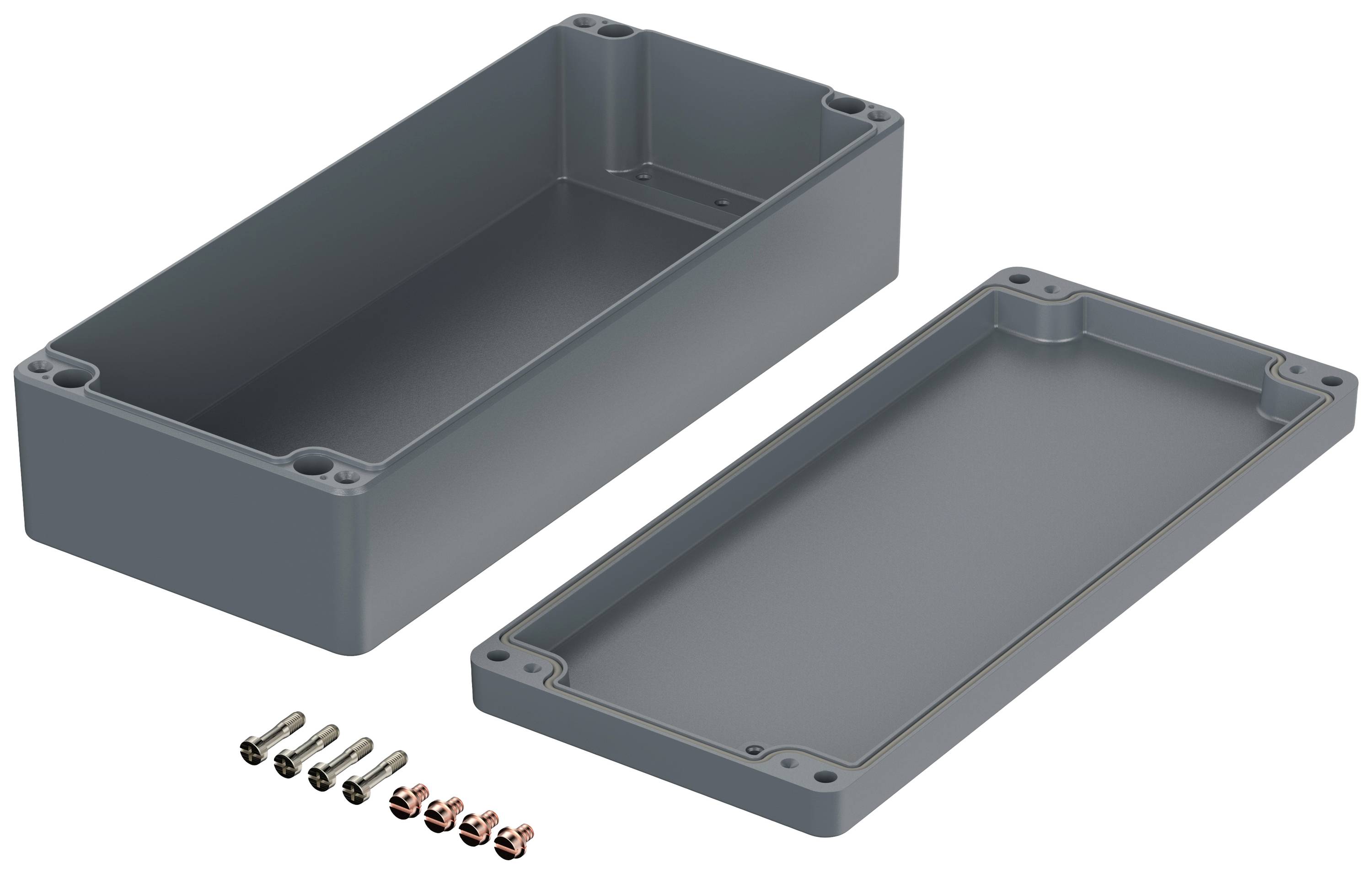 Szürke műanyag ház, amelyet egy téglalap alakú alsó rész és egy levehető fedél alkot, csavarokkal és anyákkal rögzítve.