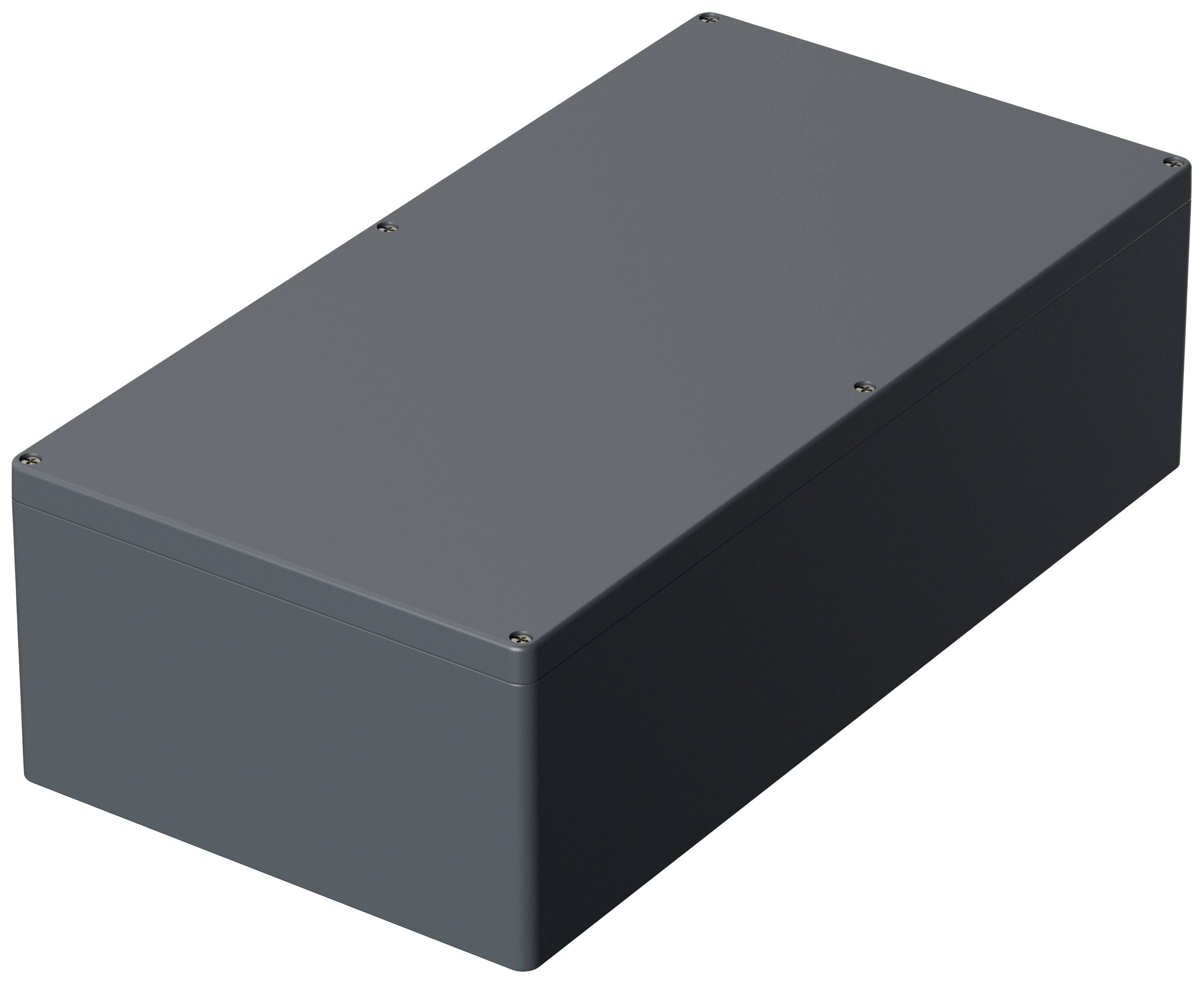 Szürke, négyszögletes ház csavarokkal a sarkain, amely valószínűleg elektronikai eszközökhöz vagy kábelezéshez alkalmas.