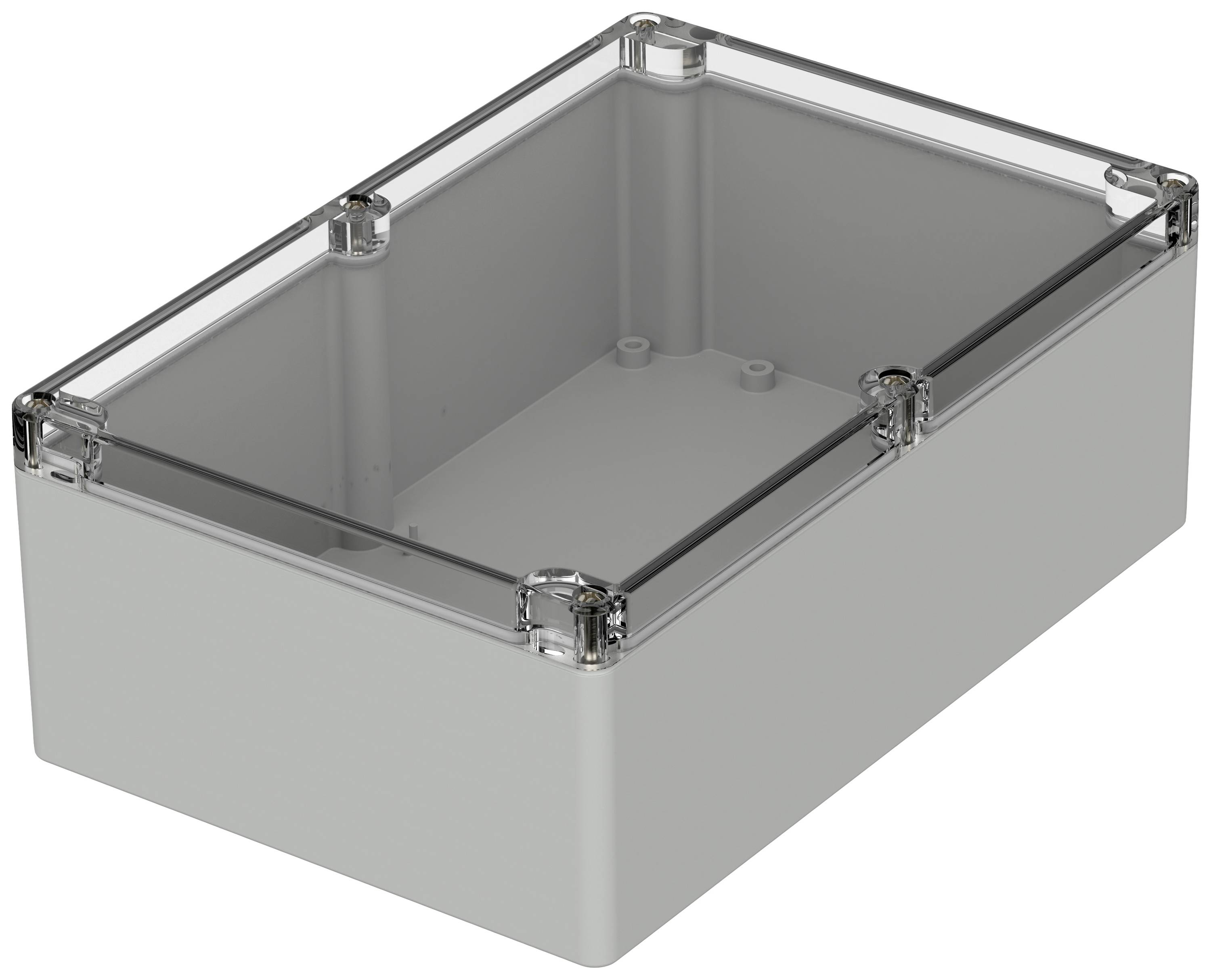 Szürke, téglalap alakú műanyag ház átlátszó tetővel és csavarokkal a sarkokon.