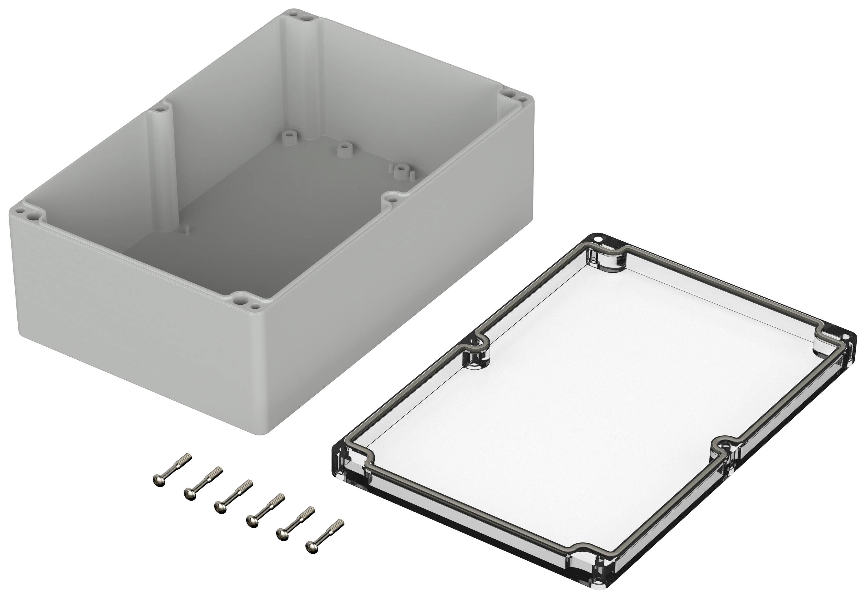 Szürke, téglalap alakú ház átlátszó tetővel és hat csavarral, elektronikai alkatrészekhez alkalmas.