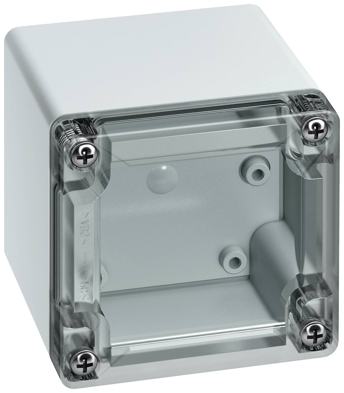 Egy négyszögletes, szürke műanyag ház átlátszó tetővel és négy csavarral a sarkokon, elektromos csatlakozásra alkalmas.