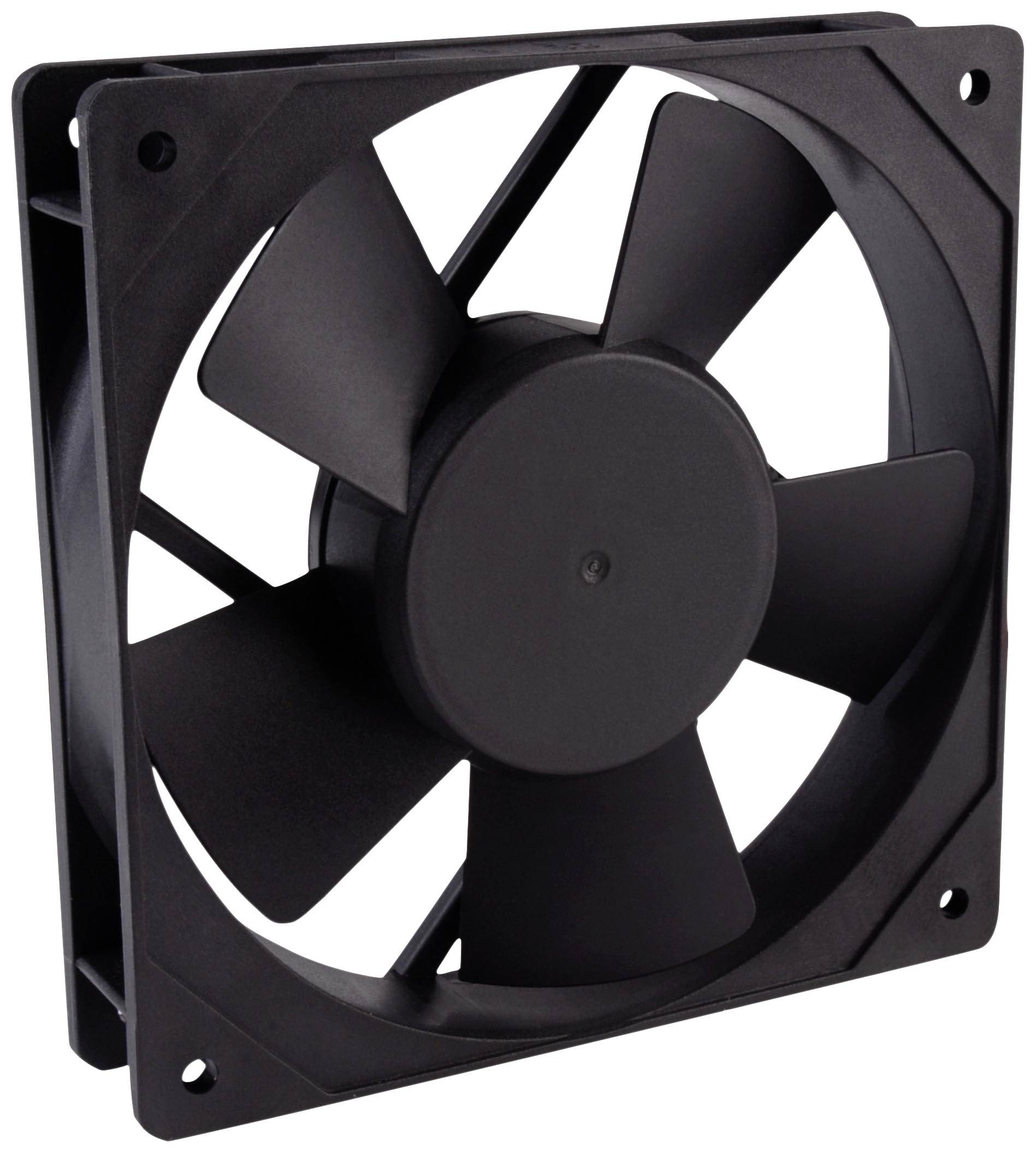Egy fekete, négyzet alakú számítógépes ventilátor öt lapáttal, amely műanyag keretben van elhelyezve, és elektronikai eszközök hűtésére szolgál.