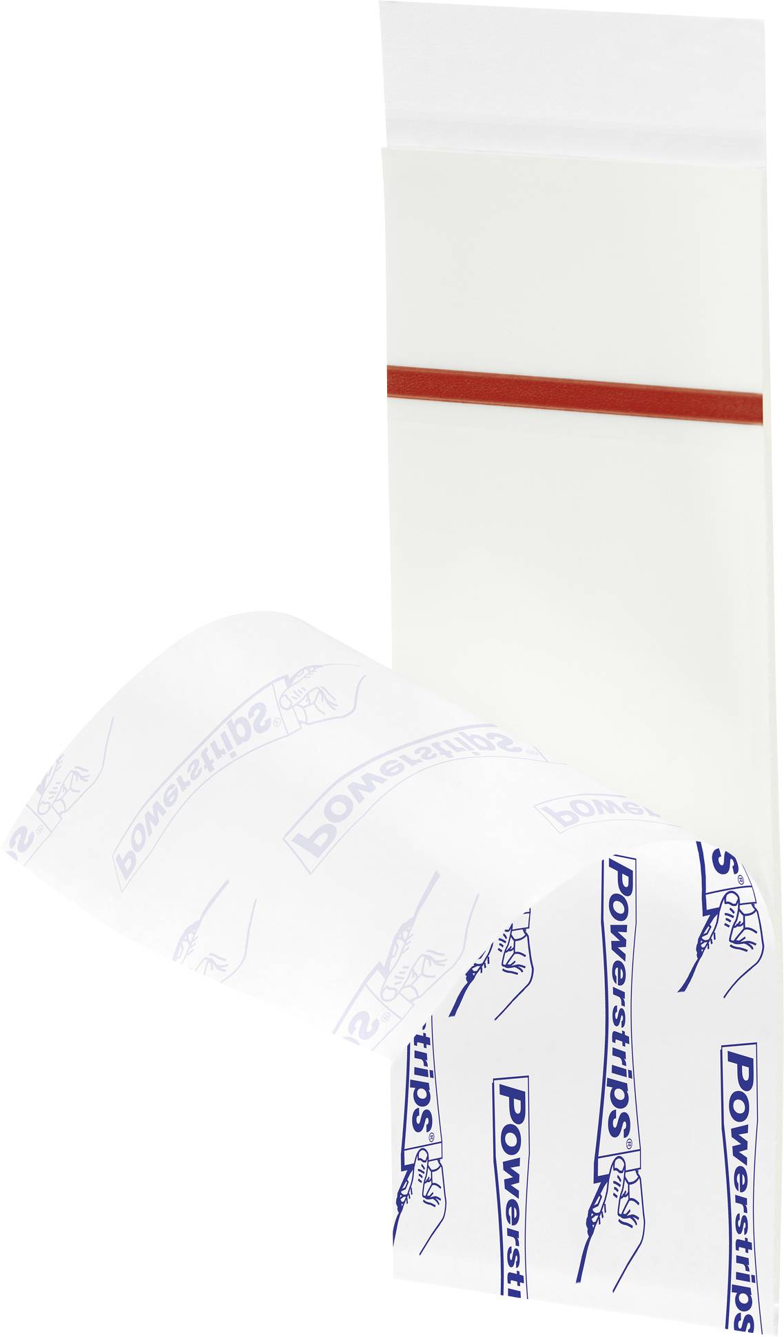 Egy kék Powerstrips ragasztószalag részben le van húzva fehér védőfóliájáról. A háttérben fehér karton látható.