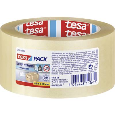 Egy Tesa márka transzparens ragasztószalag, 66 m x 50 mm, 'Ultra Strong' felirattal, csomagolási, szállítási és súly szimbólumokkal ellátva.
