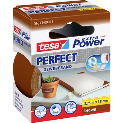 A 'tesa extra Power Perfect' ragasztószalag csomagolása, 2,75 m x 38 mm, barna színben. Bemutatja a felhasználási lehetőségeket, mint például a növényi cserép javítása és a tárgyak összecsoportosítása.