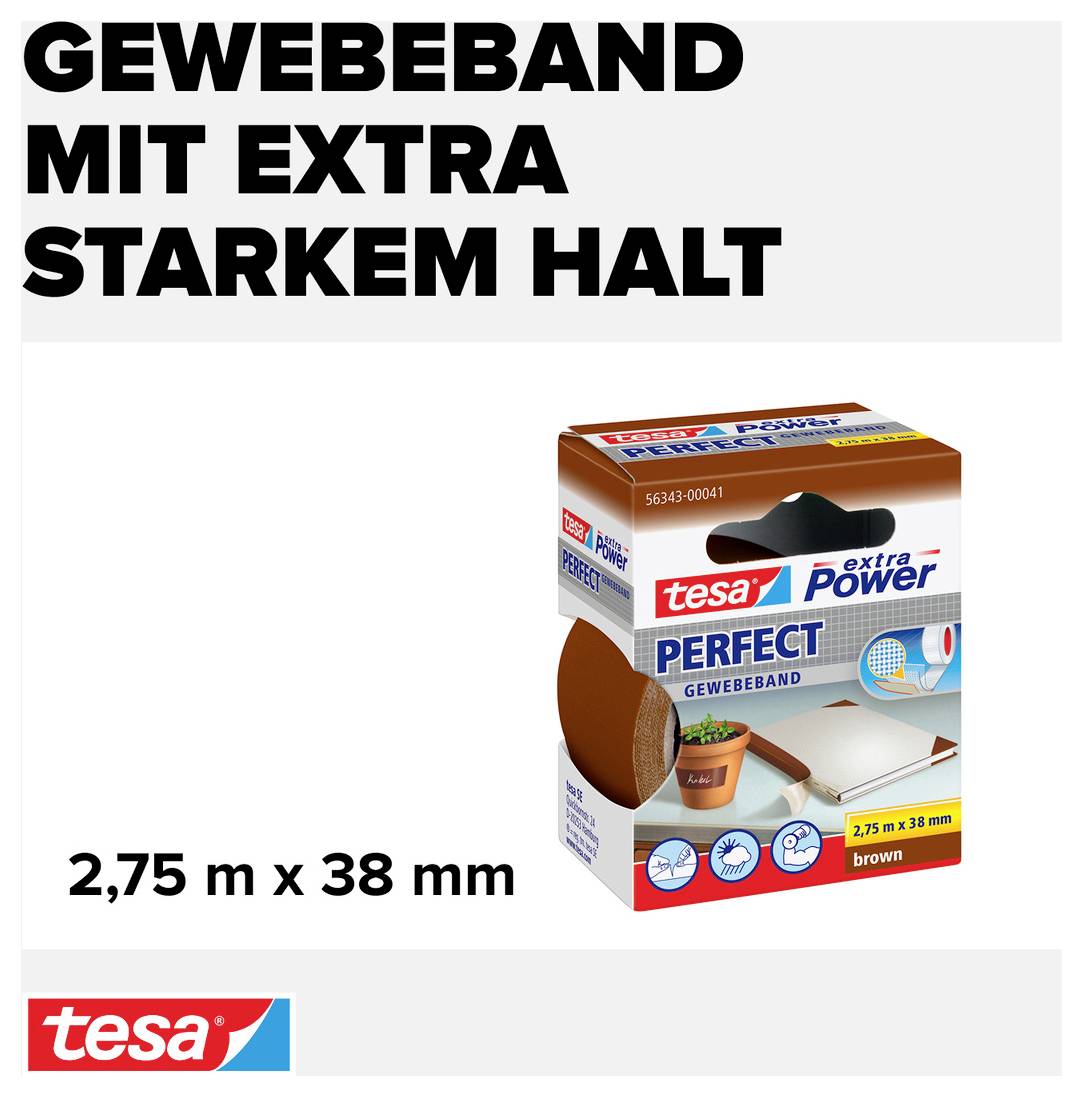 A tesa barna szövött ragasztószalag extra erős tapadással, 2,75 m x 38 mm méretben. Az ábra a termék csomagolását mutatja piktogramokkal és szöveggel.