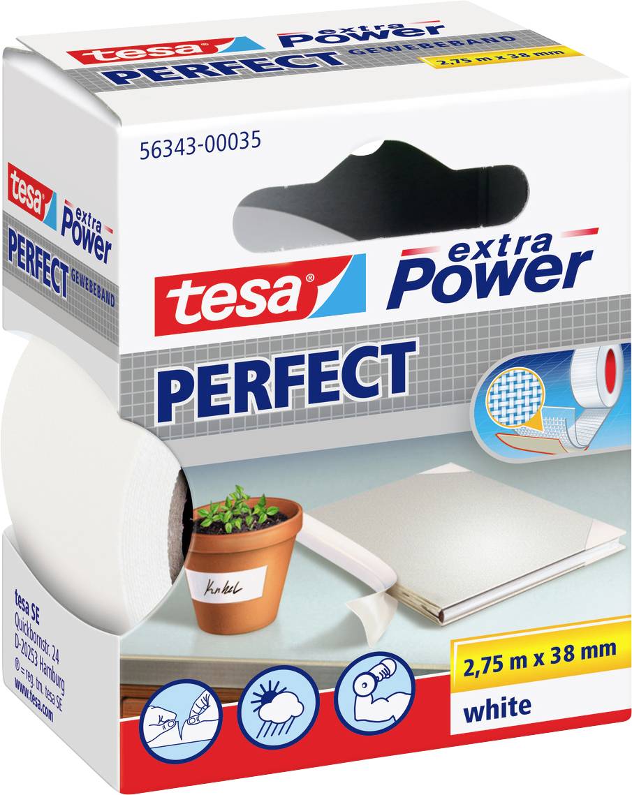 'Tesa extra Power Perfect' ragasztószalag, 2,75 m x 38 mm, fehér. A csomag a szalagot szabadtéri javításokhoz és kreatív munkákhoz ajánlja.