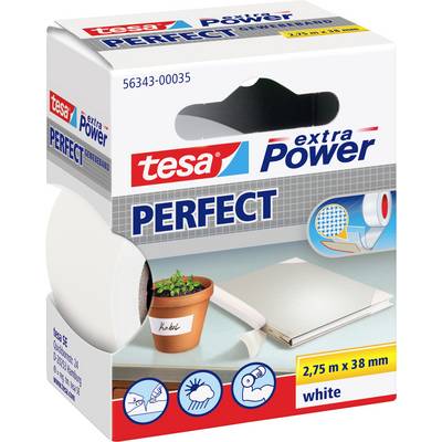 'Tesa extra Power Perfect' ragasztószalag, 2,75 m x 38 mm, fehér. A csomag a szalagot szabadtéri javításokhoz és kreatív munkákhoz ajánlja.