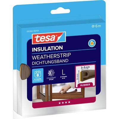 A "tesa" cég szigetelő felhasználásra szánt weatherstrip csomagolása. Barna gummi szalag, amely 2-5 mm-es hézagokra alkalmas, 8 évig tartós, 6 m hosszú.