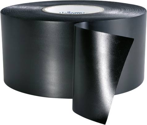 Fekete ragasztószalag, laza tekercs egy kilógó darabbal.