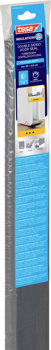 Tesa Insect Stop ajtóirányító csomag, „Comfort" címkével, kék háttérrel, egy ajtó illusztrációjával a méretekkel.