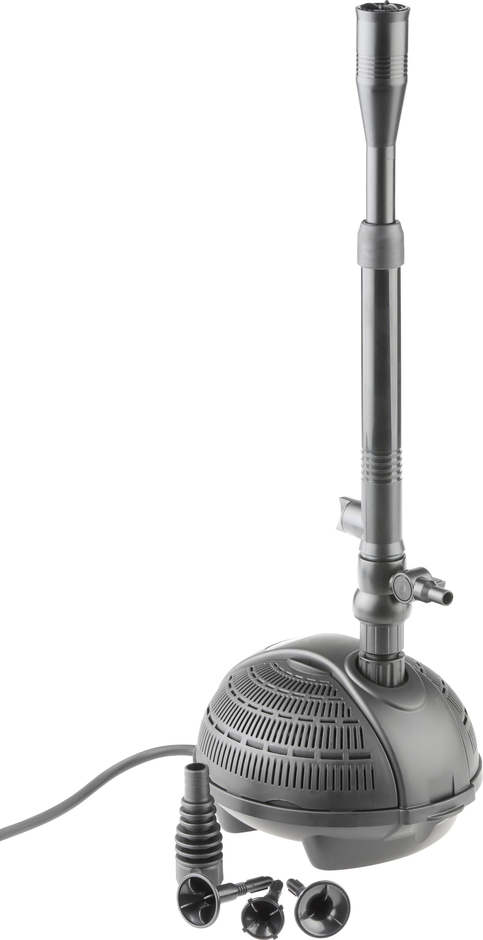 Egy fekete kerti tó szivattyú magas, állítható kifolyócsővel, köralakú alappal és további fúvókákkal vízarchitektúra díszítésekhez.