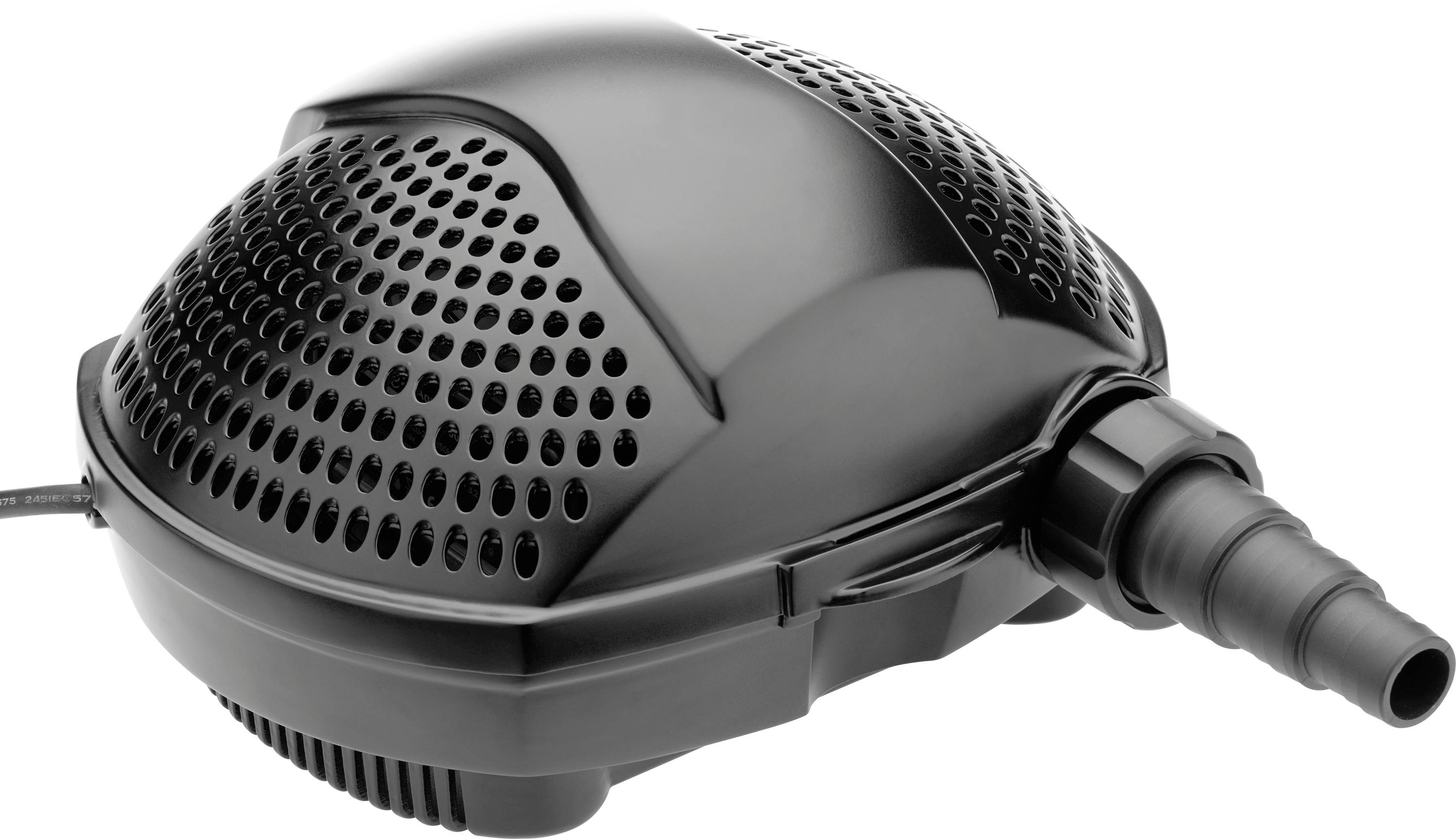 Egy fekete vízszivattyú kupolás, lyukacsos kialakítással, amely tavi szűrésre használatos, és amelynek kimeneti csatlakozása a jobb oldalán látható.