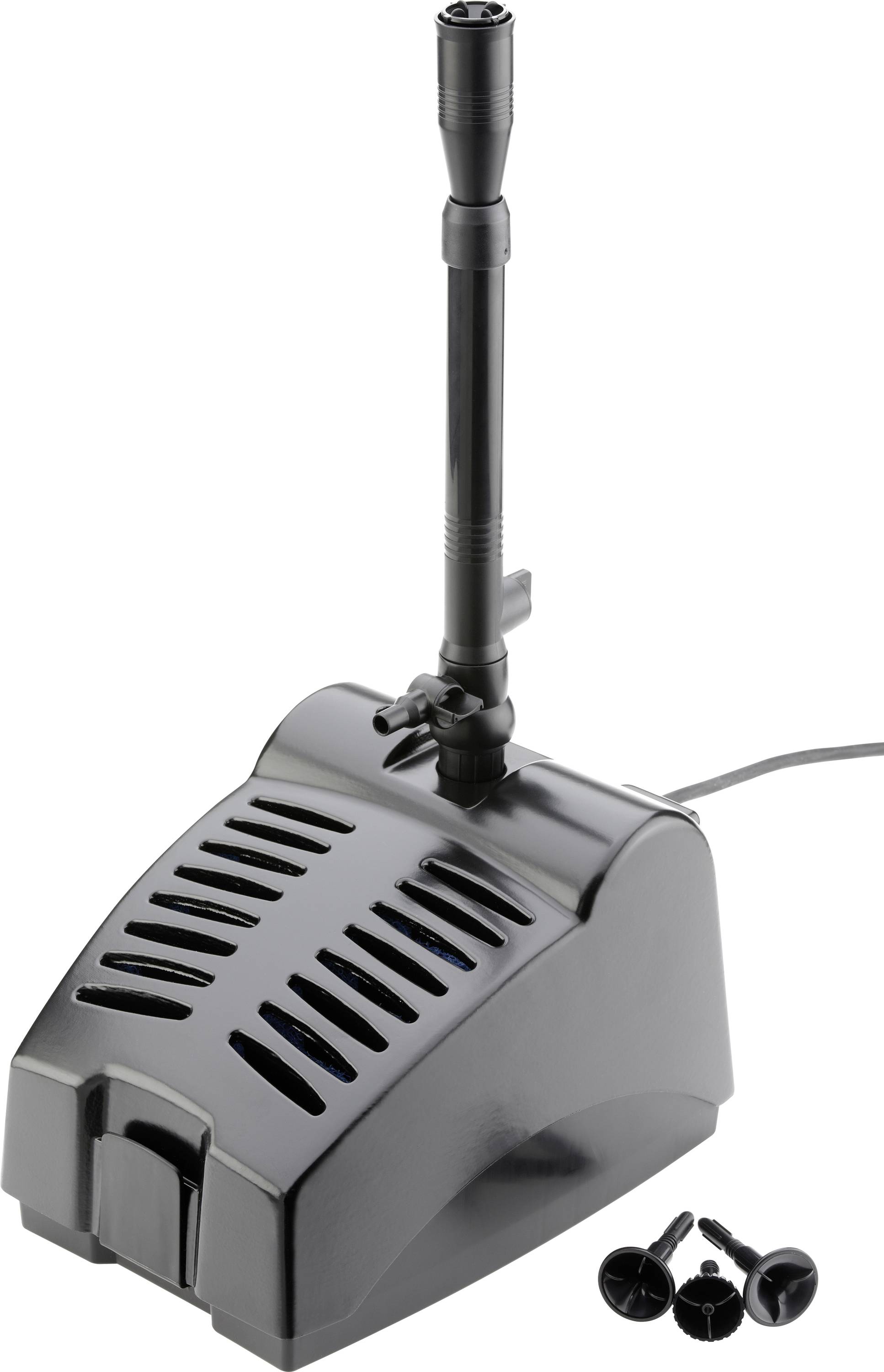 Fekete házas akváriumi szivattyú, állítható fúvókával és két tartalék tapadókoronggal. Víz keringtetésére és szűrésére tervezve.