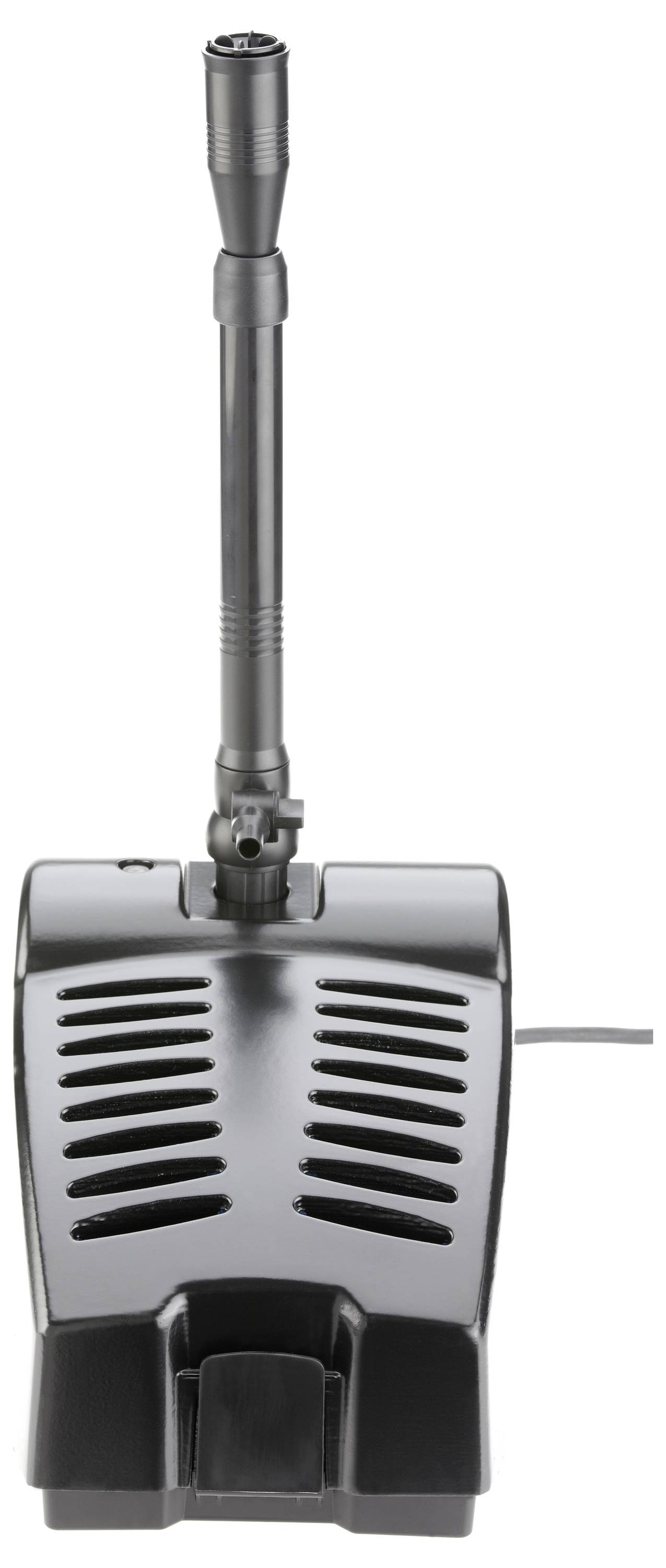 Egy fekete vízszivattyú függőleges résekkel és állítható fúvókával, akváriumi vagy vízfelületi használatra, fehér háttér előtt.