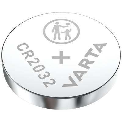 Ezüst gombelem a 'CR2032' és a 'VARTA' felirattal. Felül egy szimbólum: felnőtt és gyermek egy körben.