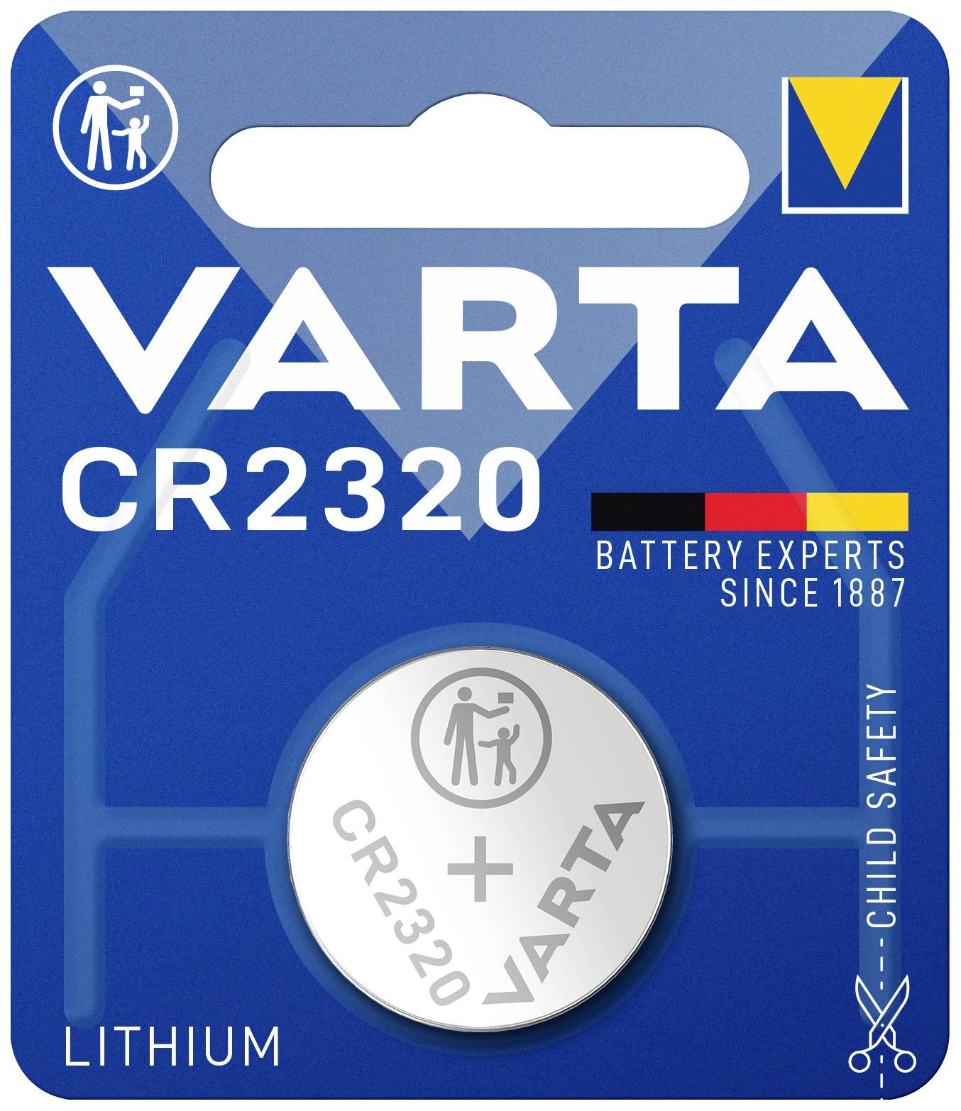 'VARTA CR2320 lítium elem'. Kerek elemtartó bliszter gyermek- és ollószimbólummal. Márka és terméknév felül.