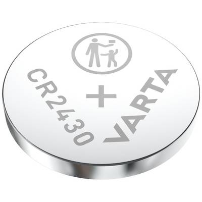 'CR2430 VARTA' elem negatív pólussal felül, kisméretű alkatrészek lenyelését tiltó szimbólum.