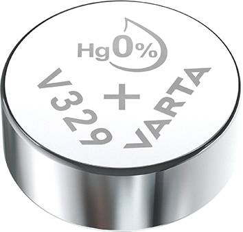 Gombelem "Hg 0%" felirattal, "V329" és "VARTA" jelöléssel. Ezüstös szín, higanymentes.