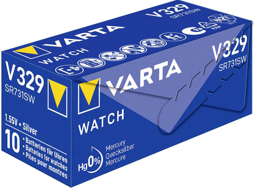 Kék Varta-elemek csomagolása, V329 SR731SW modell, 1,55V, ezüst, higanymentes, órákhoz, 10 darabos kiszerelés.