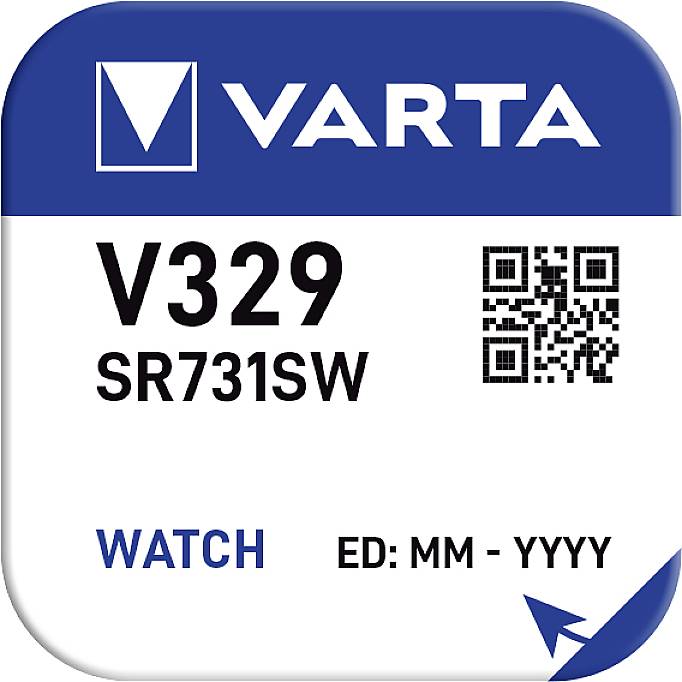 Az ábra egy VARTA elem csomagolását mutatja, V329 SR731SW modell, amelynek rendeltetése 'ÓRASZERKEZET'. Egy QR-kód is látható a csomagoláson.