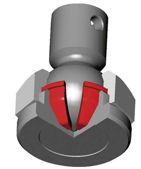 Egy 3D-illusztráció egy mechanikai alkatrészt mutat, amelyen két piros rögzítőbilincs van egy hengeres talapzatra erősítve.
