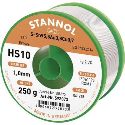 Forrasztóhuzal tekercsben, Stannol márka, S-Sn95,5Ag3,8Cu0,7 ötvözet. Átmérő 1,0 mm, súly 250 g, folyasztószer-osztály IEC61190 ROM1.