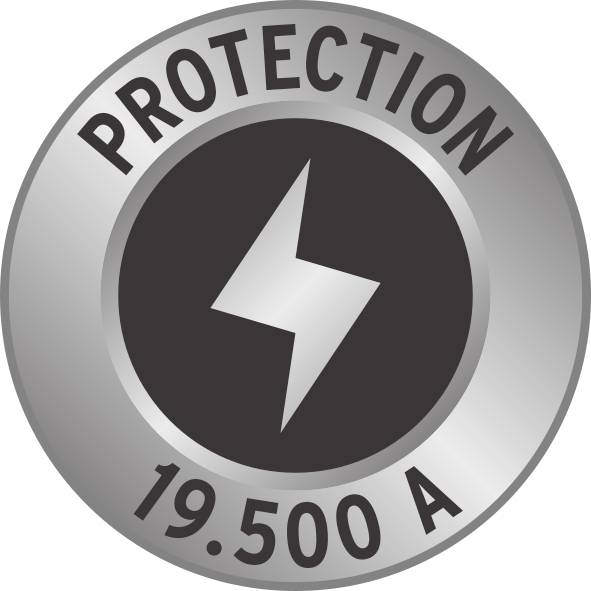 'PROTECTION 19.500 A' egy ezüstszínű körben helyezkedik el, középen villámszimbólummal, amely valószínűleg biztonsági vagy védelmi jelzés.
