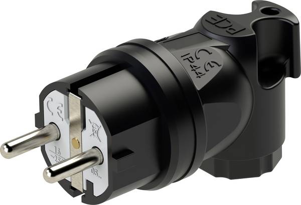 Szerelhető hálózati dugó, könyök kivitel, gumi, 250 V, fekete, IP44, PCE 05811-s