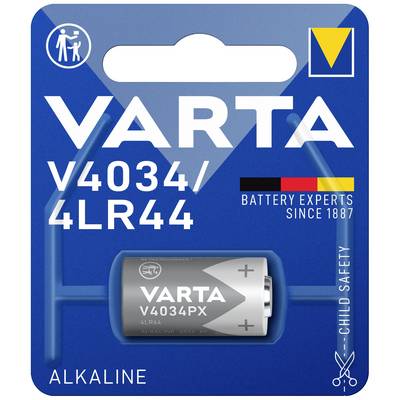 VARTA márka akkumulátorcsomag, V4034/4LR44 modell, alkáli típus. Fő jellemzők: 'Akkumulátor Szakértők 1887 óta', gyermekbiztonsági zár.