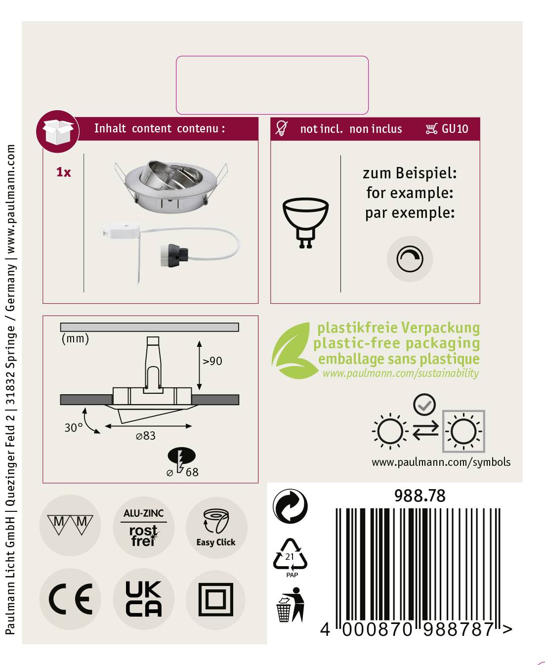 GU10 LED beépíthető lámpa, illusztrálva foglalattal, telepítési vázlattal és fenntarthatósági jelzéssel 'műanyagmentes csomagolás'.