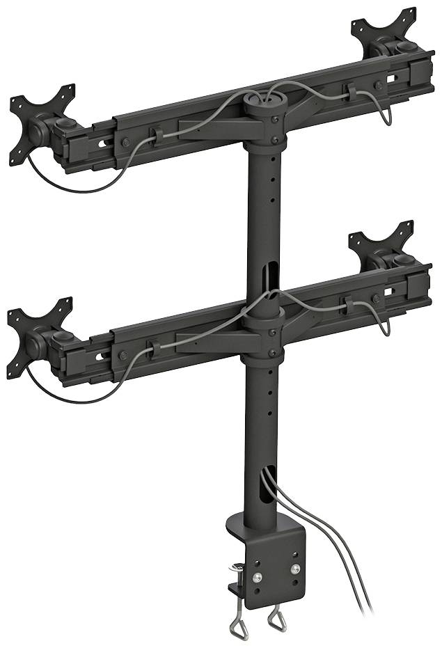Két monitor tartója állítható karokkal és kábel rendezési lehetőséggel, asztallapra rögzíthető, rugalmas képernyő-elrendezéshez.