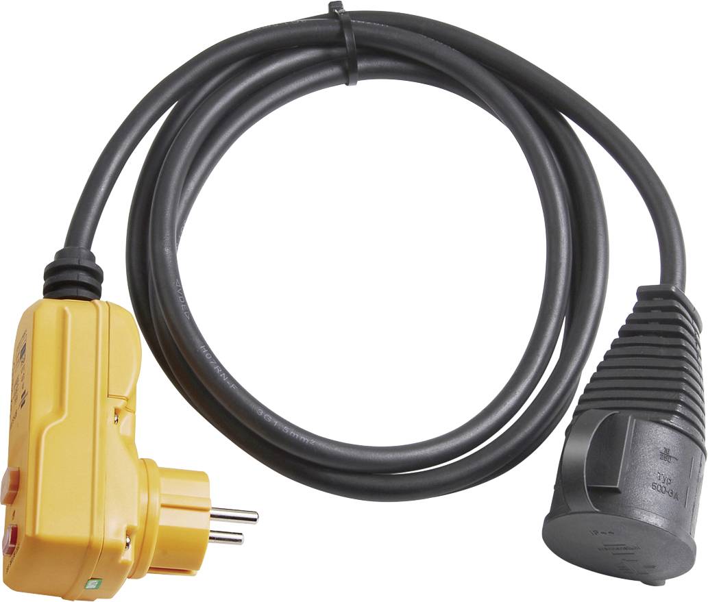 Sárga elektromos csatlakozó adapter rögzített fekete tápkábellel és kétpólusú csatlakozóval fehér háttéren