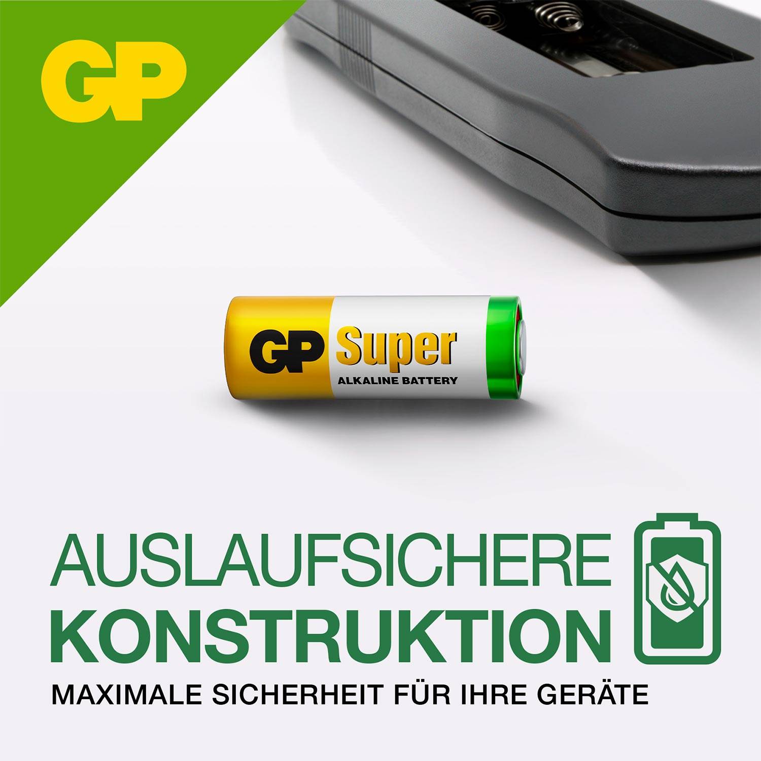 GP Super Alkáli Elem egy csavaros zárú elemtartóval. A szöveg hangsúlyozza a szivárgásmentes kialakítást és a maximális biztonságot a készülékek számára.