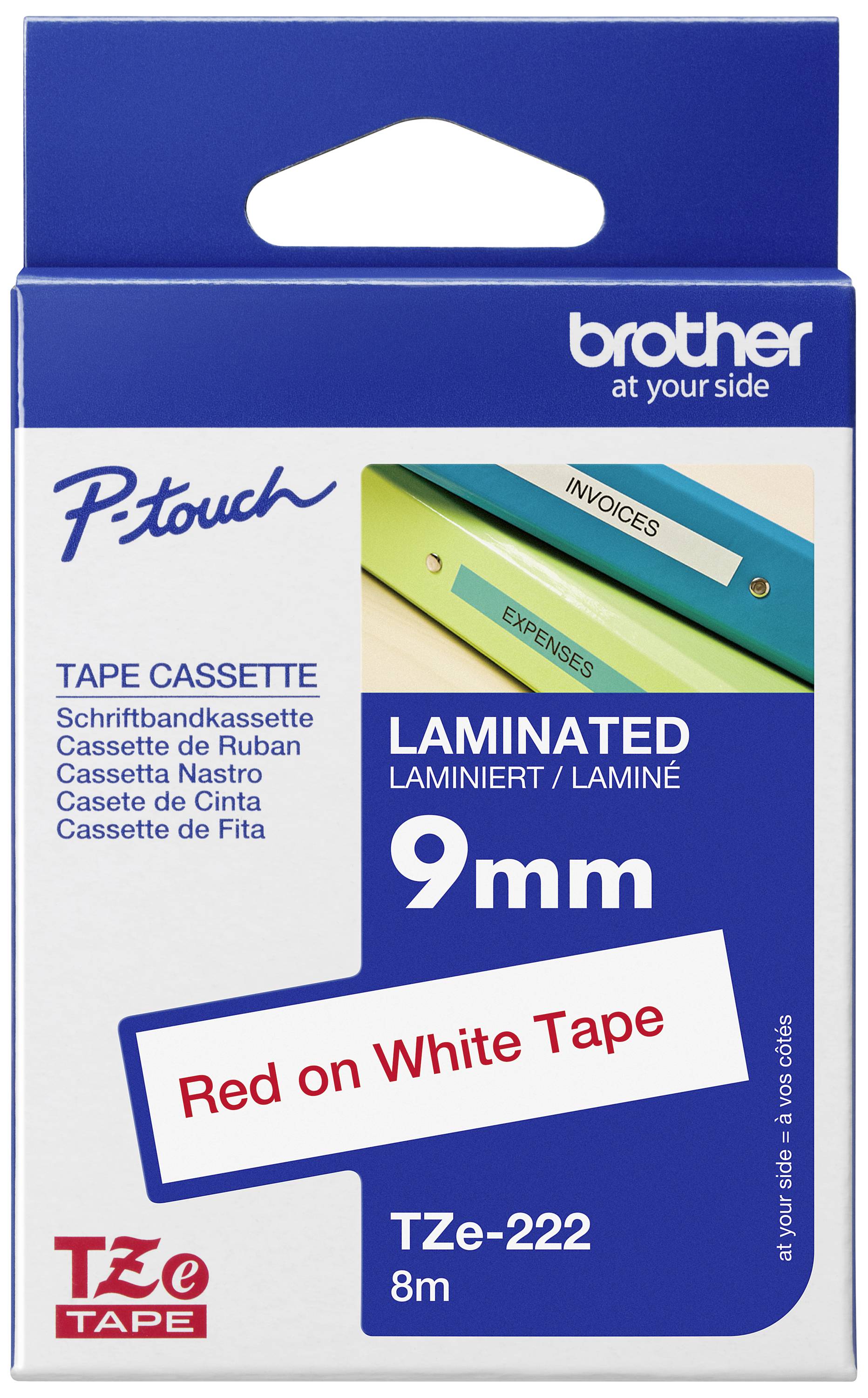 Brother P-touch kazetta csomagolása, 9 mm-es laminált szalag, piros fehéren. Az ábra felhasználási módokat mutat: 'SZÁMLÁK' és 'KIADÁSOK'.