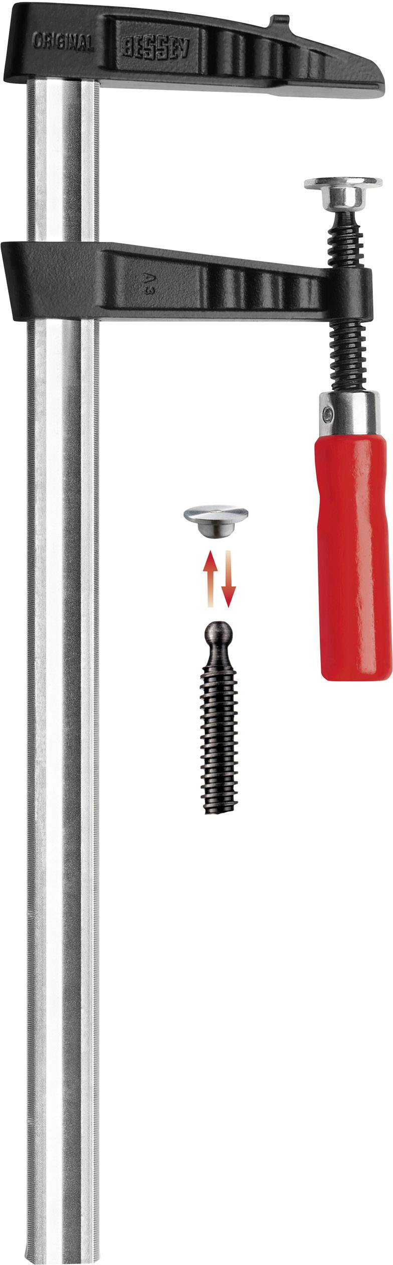 Egy piros fogantyús és fekete pofájú csavaros szorító, mellette egy menetorsó és egy anya, amelyek az összeszereléséhez szükségesek.