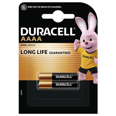 Duracell AAAA elemcsomag két elemmel, amely a Duracell nyulat és a "Hosszú élettartam garantált" feliratot tartalmazza.