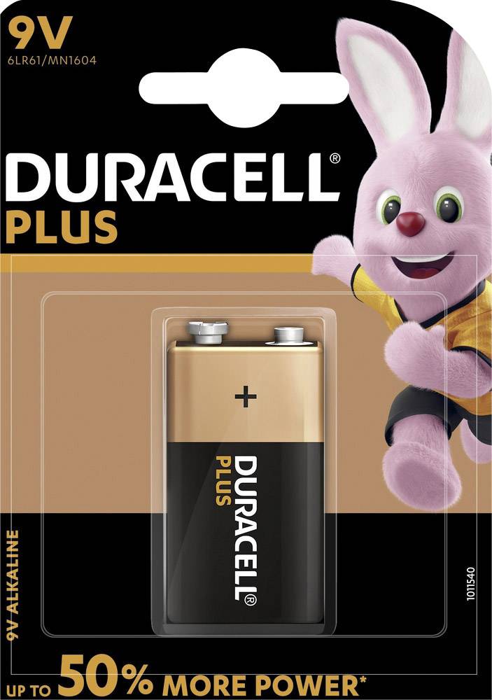 9V-os elem, alkáli mangán, 9V, Duracell Pluspower 6LR61, 6LR21, 6AM6, 6LP3146, MN1604, A1604, E Block, LR22-1