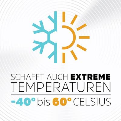 Két félkör: balra hópehely, jobbra nap. Szöveg alatta: 'Kibír akár extrém hőmérsékleteket is -40°-tól 60°-ig Celsius-ban'.