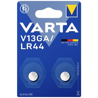 'Varta' alkáli elemek V13GA/LR44, 2 darab, bliszter csomagolásban, kiemelve: 'Elemszakértők 1887 óta', gyermekbiztonsági zárral.