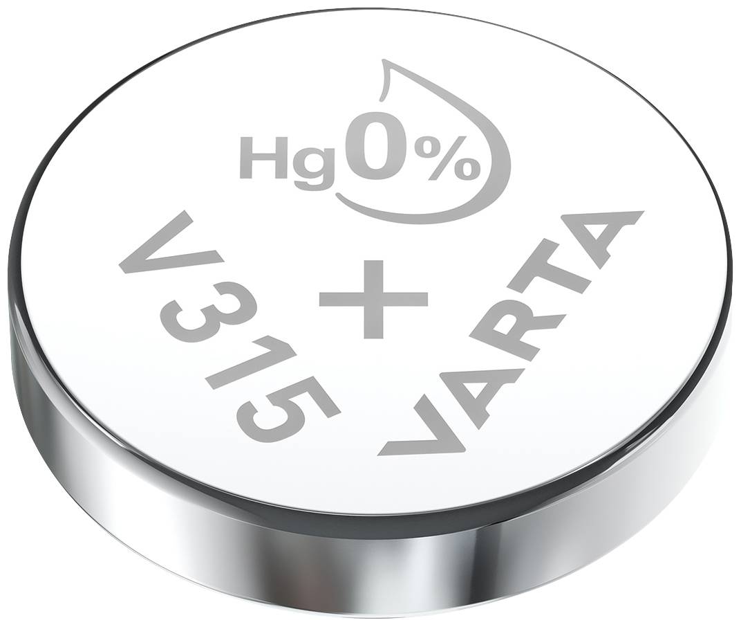 Ezüstös gombelem, amelyen a '0% Hg V315 + VARTA' felirat látható, higanymentességét jelzi.