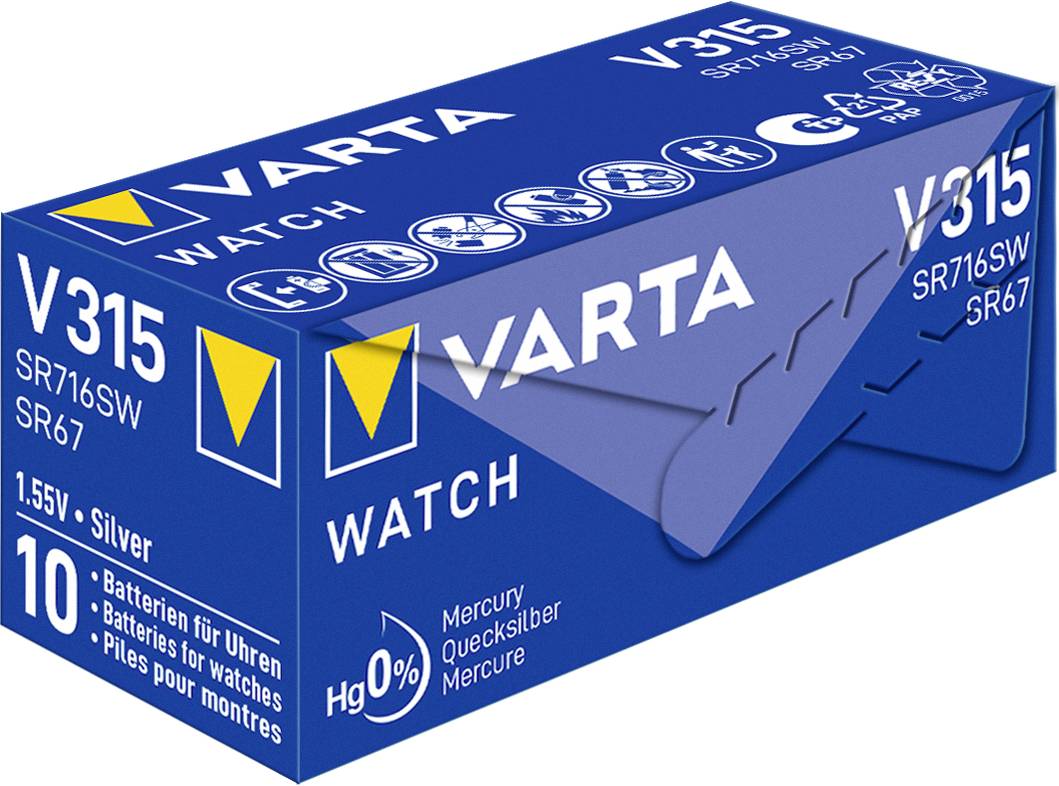 Egy kék VARTA óraelem csomag, V315 modell, 1,55V, higanymentes, 10 elemet tartalmaz.
