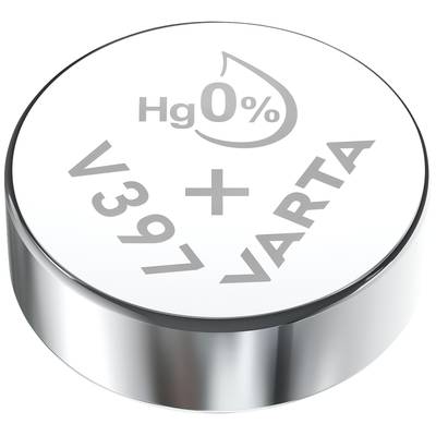 Kerek gombelem, amelyen 'Hg 0%', 'V397' és 'VARTA' felirat látható. Ezüst színű, higanymentességet jelző elem.