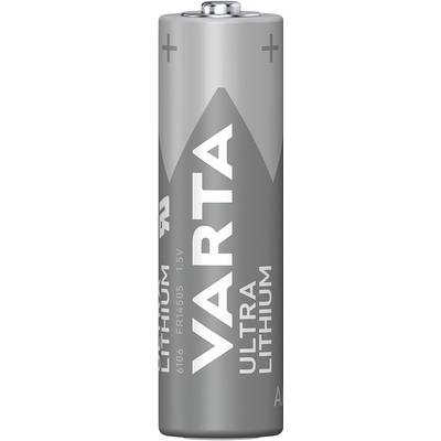 Szürke lítium elem VARTA ULTRA LITHIUM felirattal; ezüstös házán plusz és mínusz szimbólumok, AA méret.