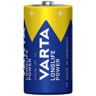 LR14 típusú 1,5V-os alkáli elem a Varta márkától. Felirata: 'Varta Longlife Power', gyártva Németországban.