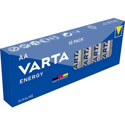Varta Energy AA elemcsomag, 10 darab. Kék csomagolás 'Made in Germany' jelöléssel. Alkáli elemek.
