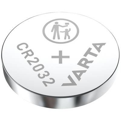 Kerek gombelem 'CR2032' és 'VARTA' felirattal. Felül egy szimbólum látható, amely egy felnőttet és egy gyermeket ábrázol.